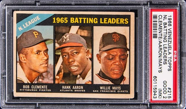 1966 Venezuela Topps NL Batting Leaders, Clemente/Aaron/Mays #215 card image