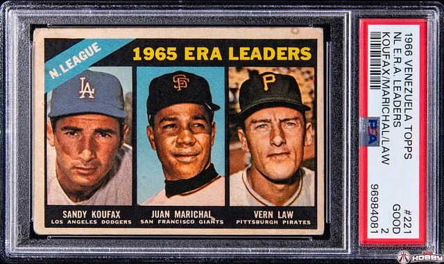1966 Venezuela Topps NL ERA Leaders Sandy Koufax/Juan Marichal/Vern Law #221 card image