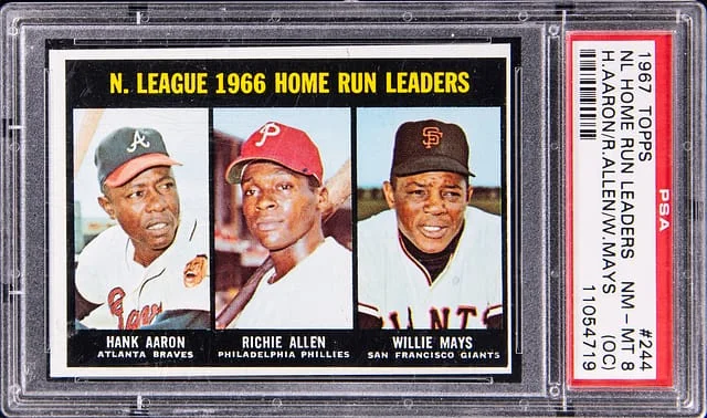 1967 Topps Aaron/Allen/Mays NL Home Run Leaders #244 card image