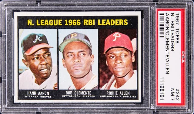 1967 Topps Aaron/Clemente/Allen NL RBI Leaders #242 card image