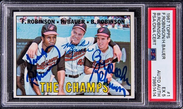 1967 Topps Frank Robinson/Hank Bauer/Brooks Robinson Multi-Signed The Champs #1 card image