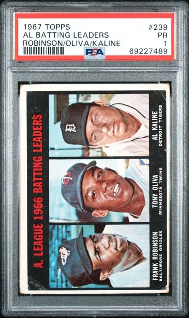 1967 Topps Frank Robinson/Tony Oliva/Al Kaline AL Batting Leaders #239 card image