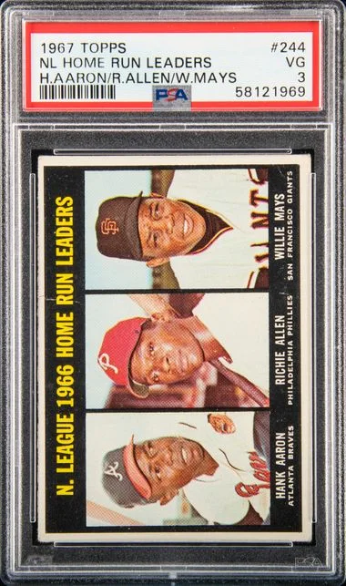 1967 Topps Hand Aaron/Richie Allen/Willie Mays NL Home Run Leaders #244 card image