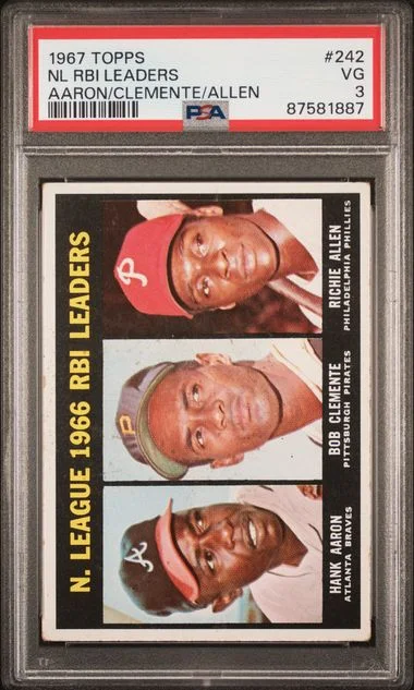 1967 Topps Hank Aaron/Bob Clemente/Richie Allen N.L RBI Leaders #242 card image