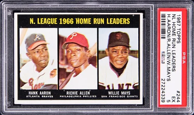 1967 Topps Hank Aaron/Richie Allen/Willie Mays National League Home Run Leaders #244 card image