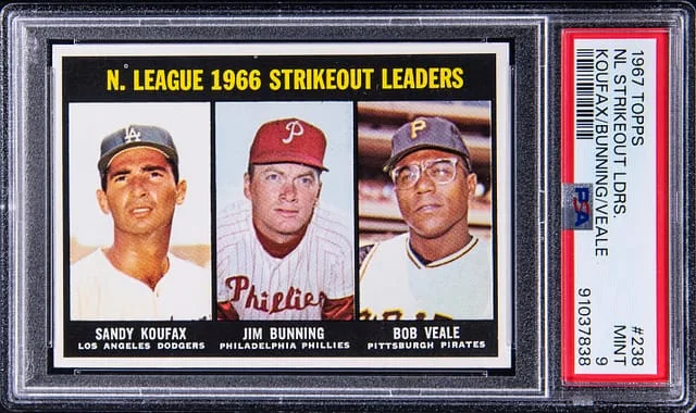1967 Topps Koufax/Bunning/Veale N.L. 1966 Strikeout Leaders #238 card image
