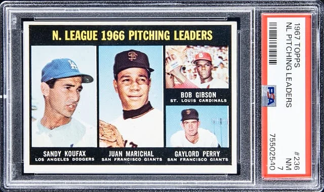 1967 Topps Koufax/Marichal/Gibson/Perry NL Pitching Leaders #236 card image