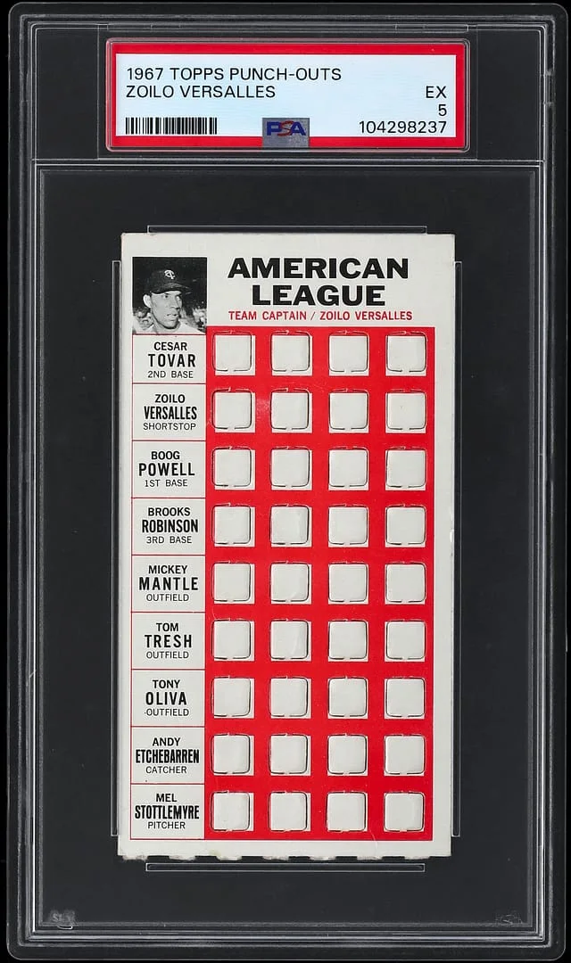1967 Topps Punch-Outs Zoilo Versalles, Mickey Mantle, Brooks Robinson #no-number card image