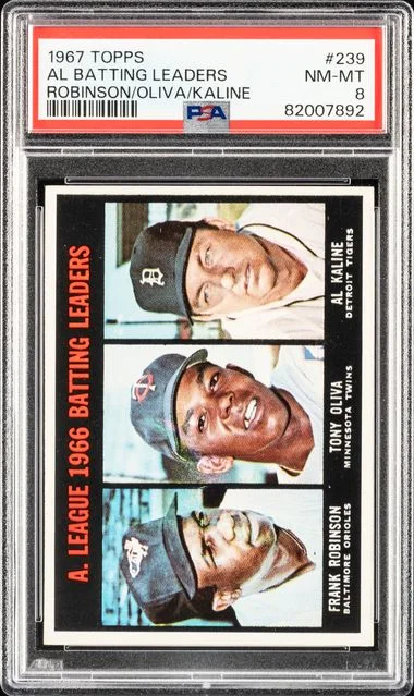 1967 Topps Robinson/Oliva/Kaline AL Batting Leaders #239 card image