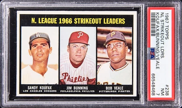 1967 Topps Sandy Koufax, Jim Bunning, Bob Veale NL Strikeout Leaders #238 card image