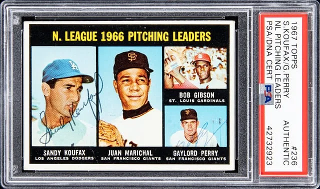 1967 Topps Sandy Koufax/Gaylord Perry National League Pitching Leaders #235 card image