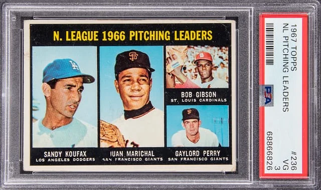 1967 Topps Sandy Koufax/Juan Marichal/Bob Gibson/Gaylord Perry NL Pitching Leaders #236 card image