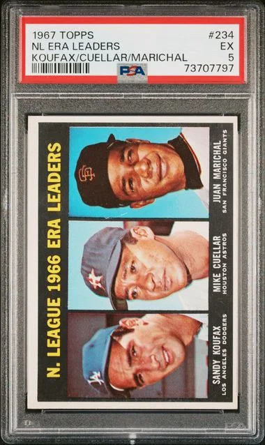 1967 Topps Sandy Koufax/Mike Cuellar/Juan Marichal N.L. ERA Leaders #234 card image