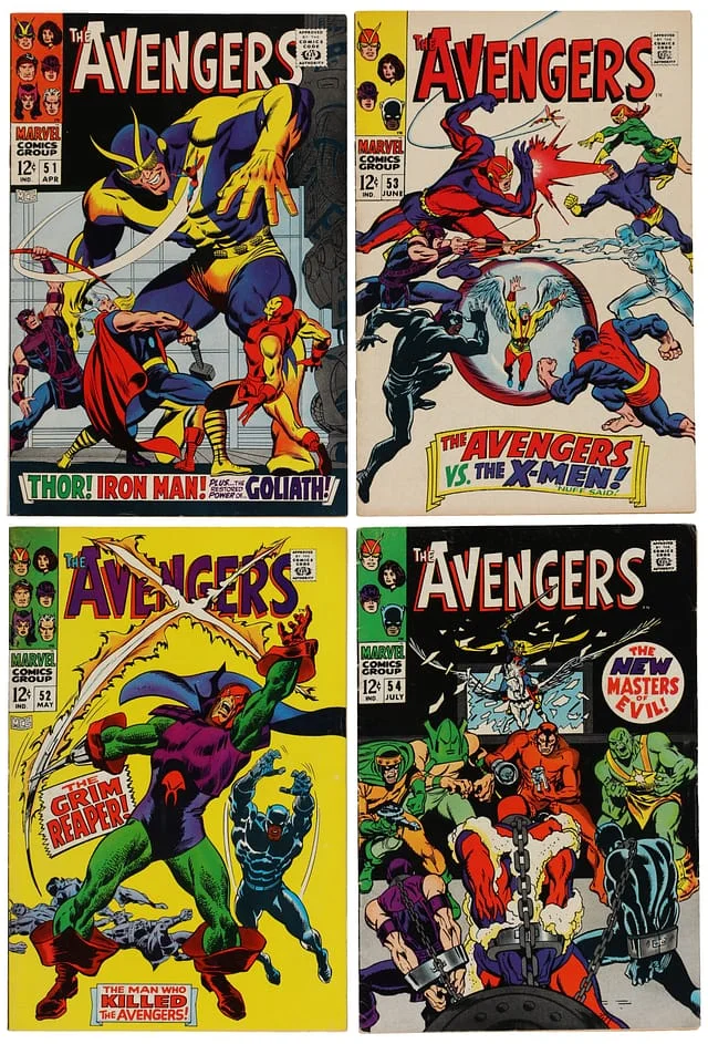 1968 Marvel) 4 Books - Raw - 1st Appearance of the Grim Reaper (Eric Williams), Appearance of New Masters of Evil, Black Panther Joins Avengers, Cameo of Ultron #1st card image