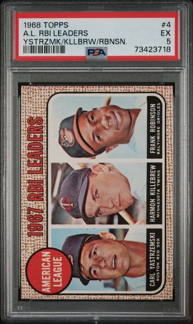 1968 Topps Carl Yastrzemski/Harmon Killebrew/Frank Robinson A.L. RBI Leaders #4 card image