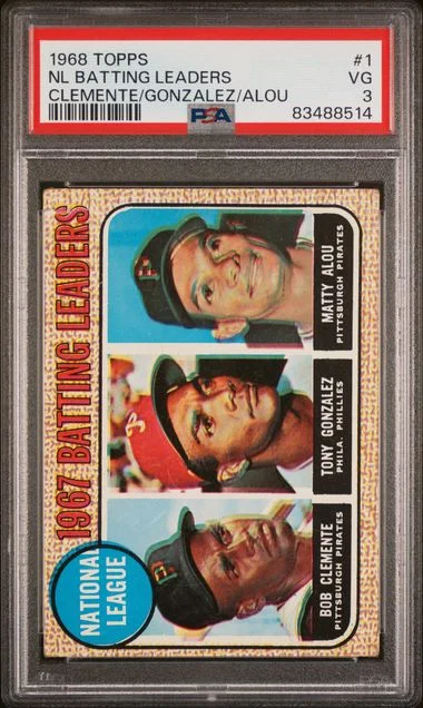 1968 Topps Clemente/Gonzalez/Alou N.L Batting Leaders #1 card image