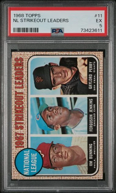 1968 Topps Jim Bunning/Ferguson Jenkins/Gaylord Perry NL Strikeout Leaders #11 card image