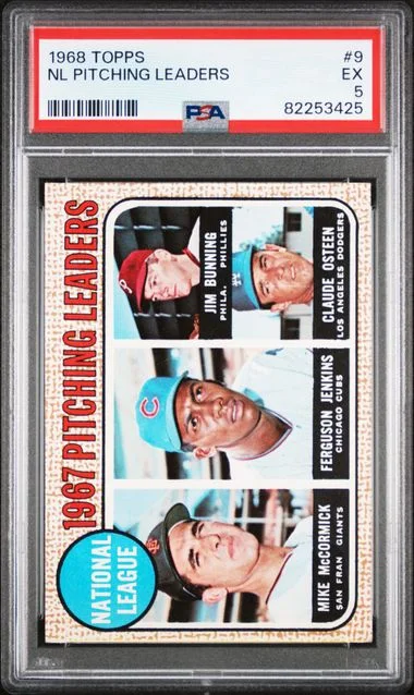 1968 Topps M.McCormick/F.Jenkins/J.Bunning/C.Osteen NL Pitching Leaders #9 card image