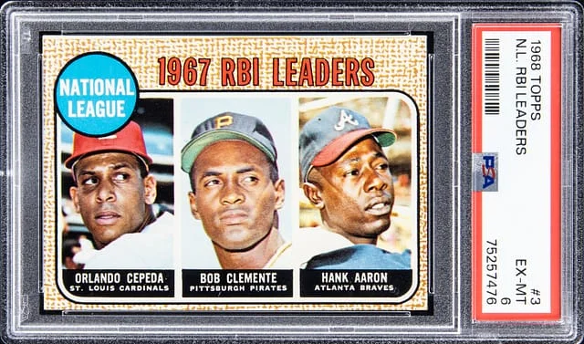 1968 Topps Orlando Cepeda/Bob Clemente/Hank Aaron N.L. RBI Leaders #3 card image