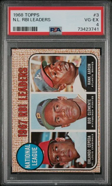 1968 Topps Orlando Cepeda/Roberto Clemente/Hank Aaron N.L. RBI Leaders #3 card image