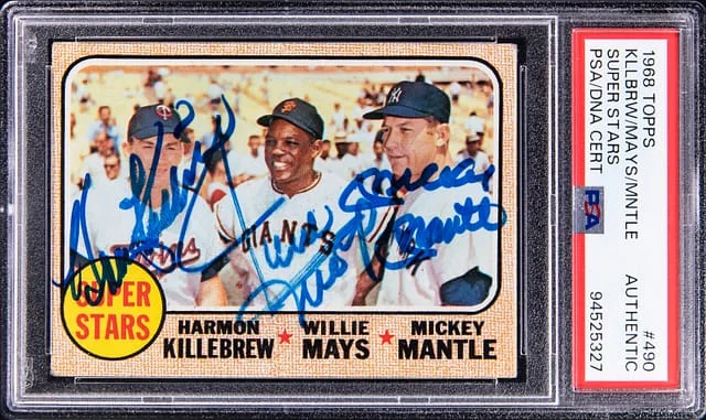 1968 Topps Super Harmon Killebrew/Willie Mays/Mickey Mantle Multi-Signed Stars #490 card image