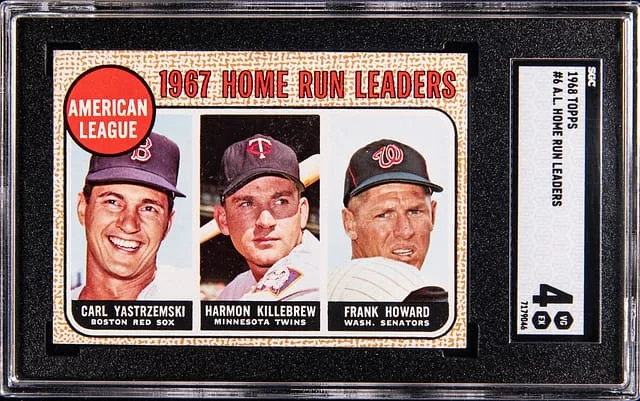 1968 Topps Yastrzemski/Killebrew/Howard American League Home Run Leaders #6 card image