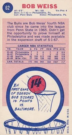 1969-70 Topps Bob Weiss #62 card back image