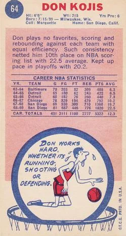 1969-70 Topps Don Kojis #64 card back image