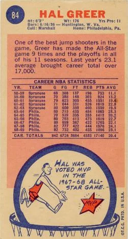 1969-70 Topps Hal Greer #84 card back image