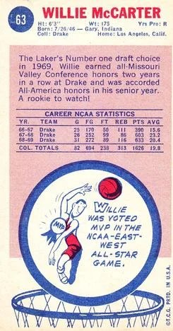 1969-70 Topps Willie McCarter #63 card back image