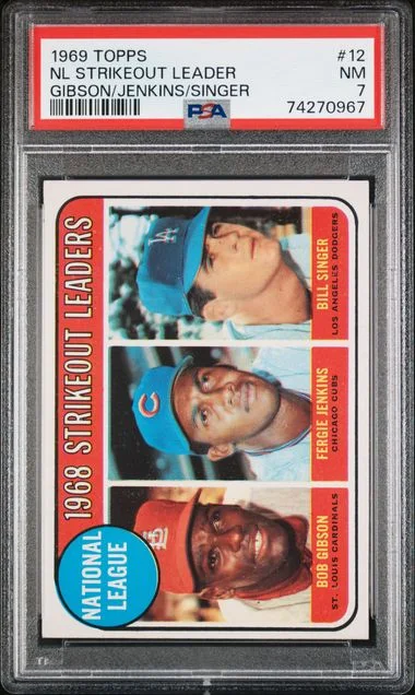1969 Topps Bob Gibson/Fergie Jenkins/Bill Singer NL Strikeout Leaders #12 card image