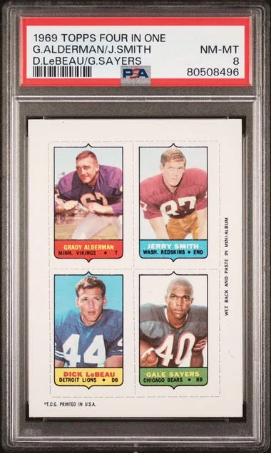 1969 Topps Dick Lebeau/Gale Sayers/Grady Alderman/Jerry Smith Four In One #no-number card image