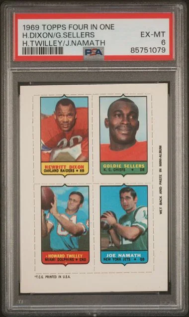 1969 Topps Four In One Goldie Sellers/Hewritt Dixon/Howard Twilley/Joe Namath #no-number card image