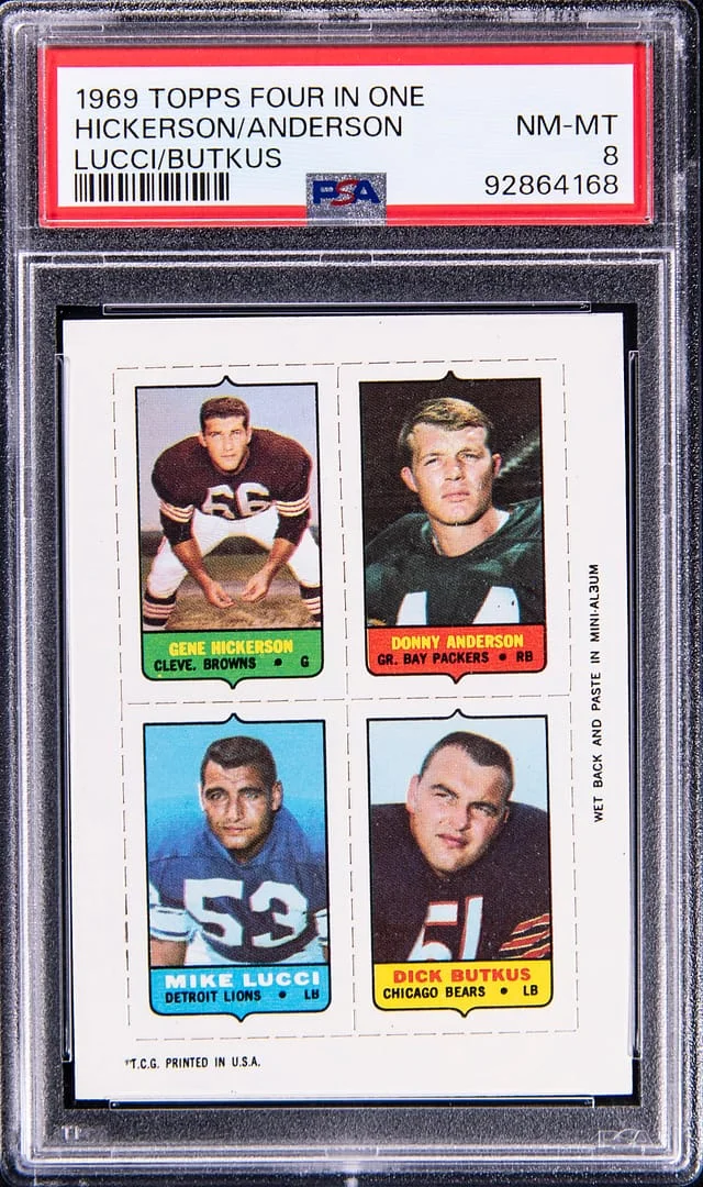 1969 Topps Gene Hickerson/Donny Anderson/Mike Lucci/Dick Butkus Four-in-One #NNO card image