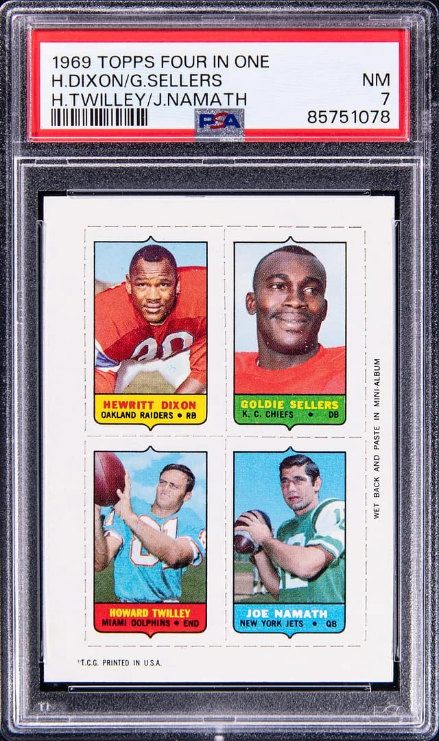 1969 Topps Hewritt Dixon/Goldie Sellers/Howard Twilley/Joe Namath Four-in-One #NNO card image