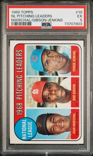 1969 Topps Juan Marichal/Bob Gibson/Fergie Jenkins N.L. Pitching Leaders #10 card image