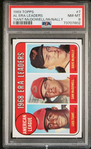 1969 Topps Luis Tiant/Sam McDowell/Dave McNally A.L. ERA Leaders #7 card image