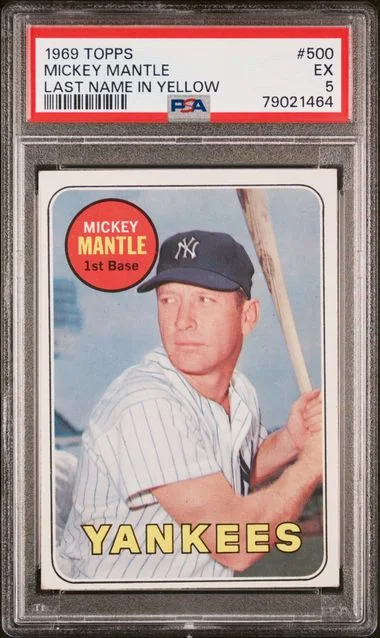 1969 Topps Mickey Mantle, Last Name In Yellow #500 card image