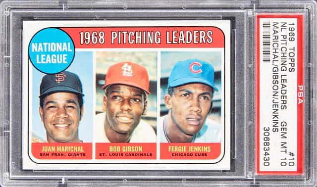 1969 Topps NL Pitching Leaders Juan Marichal/Bob Gibson/Fergie Jenkins #10 card image