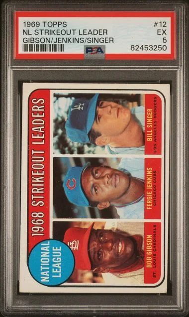 1969 Topps Nl Strikeout Leader Gibson/Jenkins/Singer #12 card image