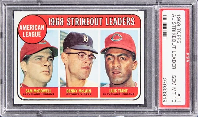 1969 Topps Sam McDowell, Denny McLain, Luis Tiant AL Strikeout Leader #11 card image