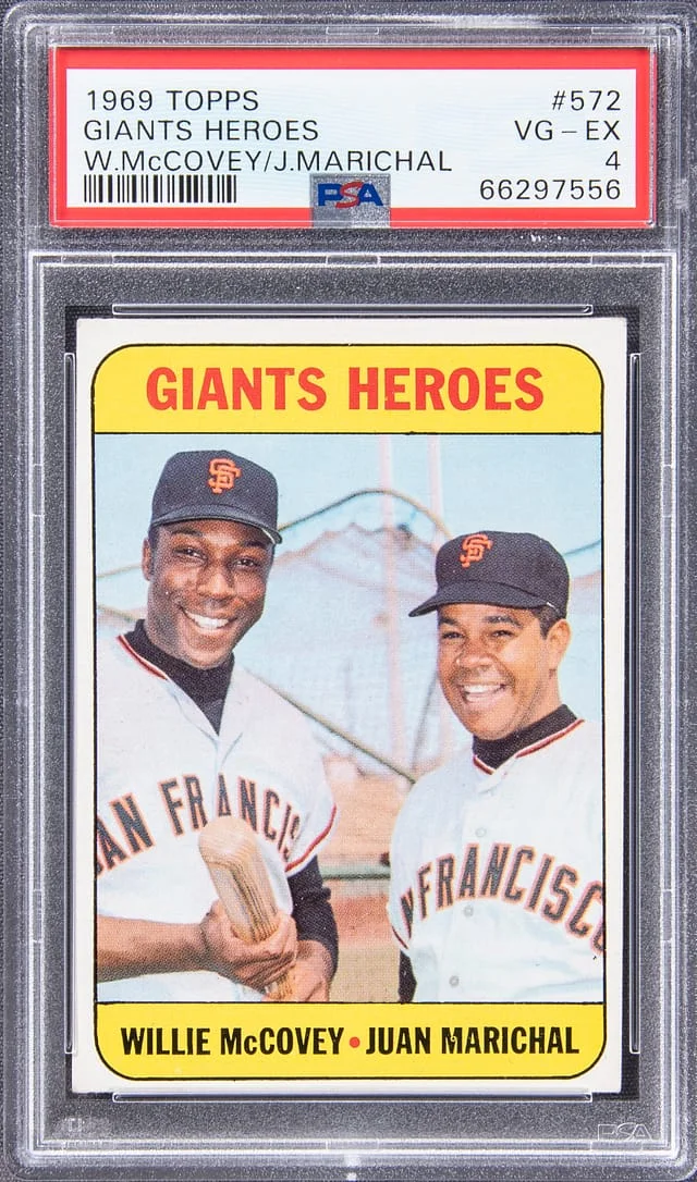 1969 Topps Willie McCovey/Juan Marichal Giants Heroes #572 card image