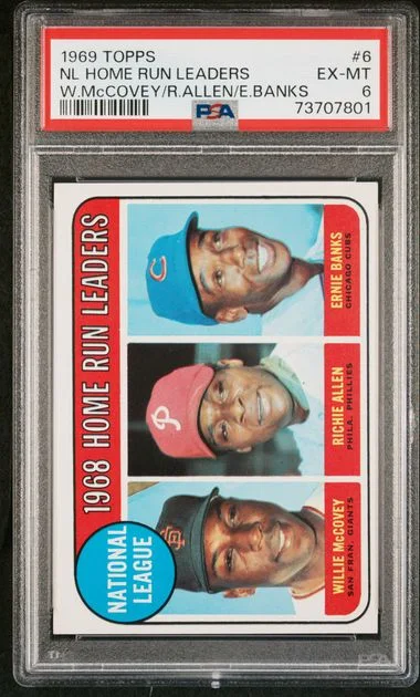 1969 Topps Willie McCovey/Richie Allen/Ernie Banks N.L. Home Run Leaders #6 card image