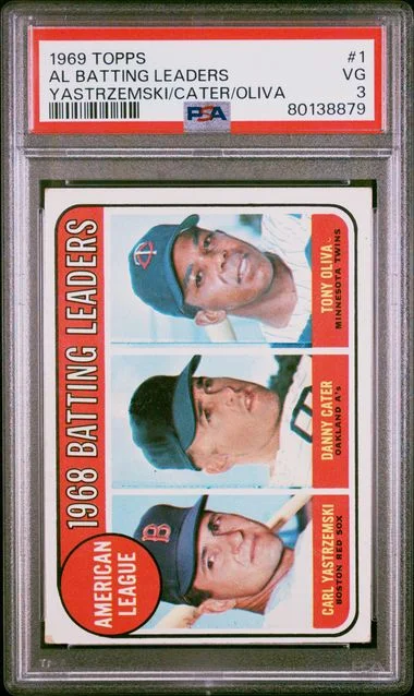 1969 Topps Yastrzemski/Cater/Oliva A.L. Batting Leaders #1 card image