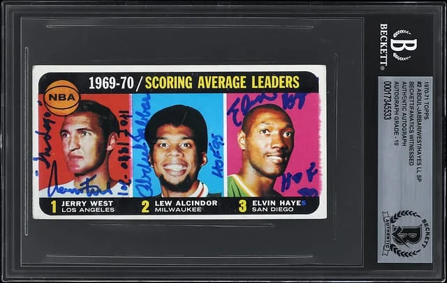 1970-71 Topps Jerry West/Kareem Abdul-Jabbar/Elvin Hayes Multi-Signed, Inscribed Scoring Average Leaders #2 card image