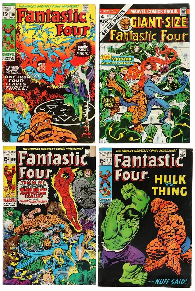 1970-75 Marvel) 4 Books - Raw - 1st Cover Appearance of Agatha Harkness, Thing vs. Hulk Battle, John Buscema Cover Art, Appearance of the Multiple Man #1st card image
