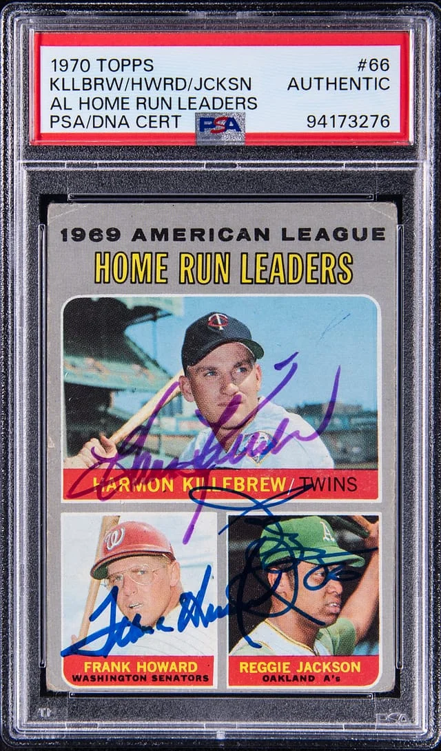 1970 Topps Harmon Killebrew/Frank Howard/Reggie Jackson Multi-Signed 1969 AL Home Run Leaders #66 card image