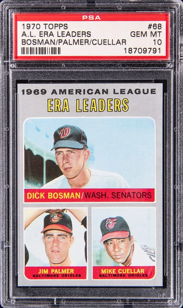 1970 Topps Jim Palmer/Mike Cuellar/Dick Bosman AL ERA Leaders #68 card image