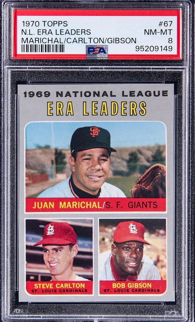 1970 Topps Juan Marichal/Steve Carlton/Bob Gibson National League Era Leaders #67 card image