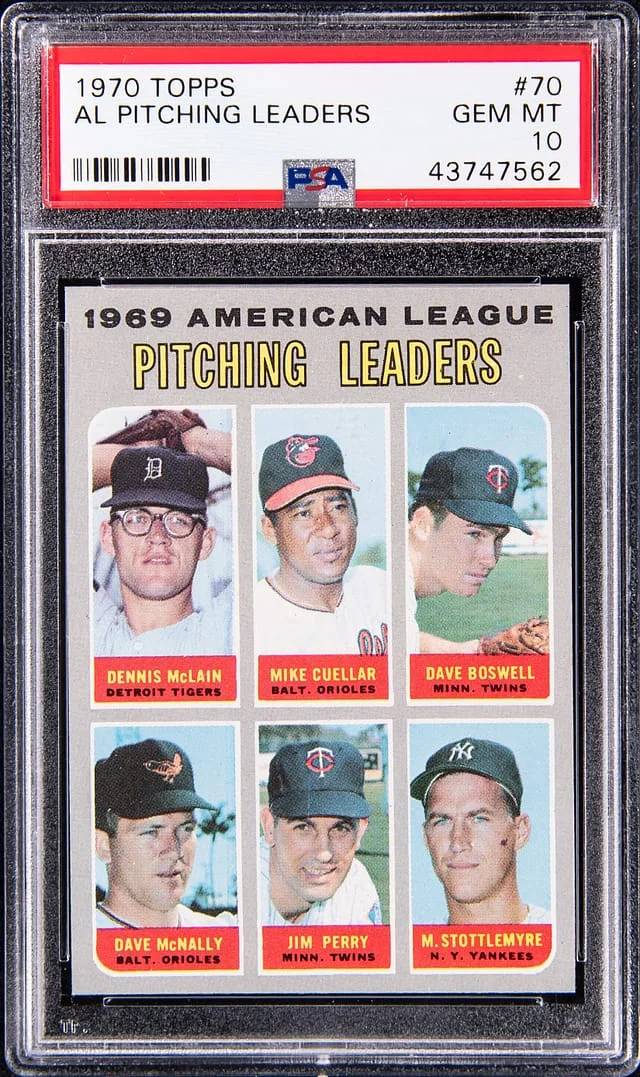 1970 Topps McLain/Cuellar/Boswell/McNally/Perry/Stottlemyre AL Pitching Leaders #70 card image